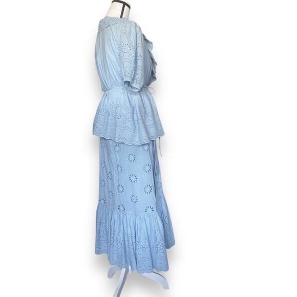 Roller Rabbit Eyelet Lace Wrap Skirt Puff Sleeve Blouse Sz S Light Blue - Picture 5 of 16